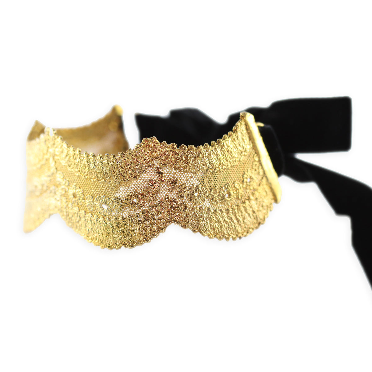 Rare lace choker in 24k gold with velvet tie.