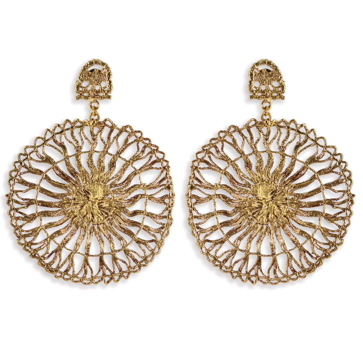 Circular lace pendant earrings made from Tenerife lace. Solidified in 24k gold.