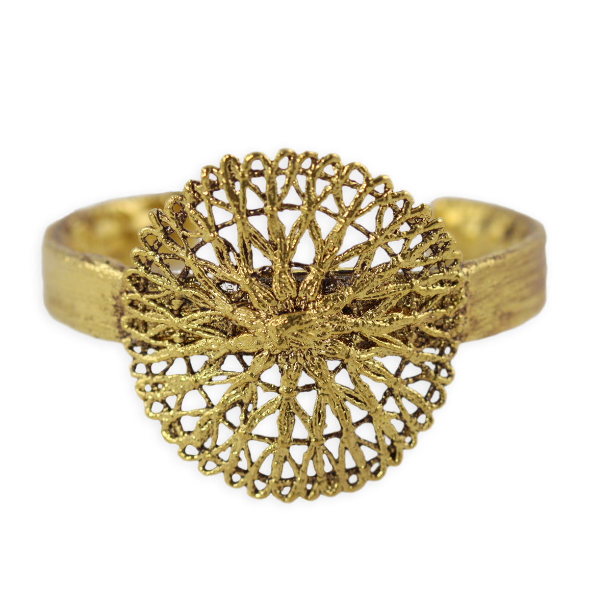 The 24k gold dipped Rebecka bangle bracelet with a large round Tenerife lace centerpiece.