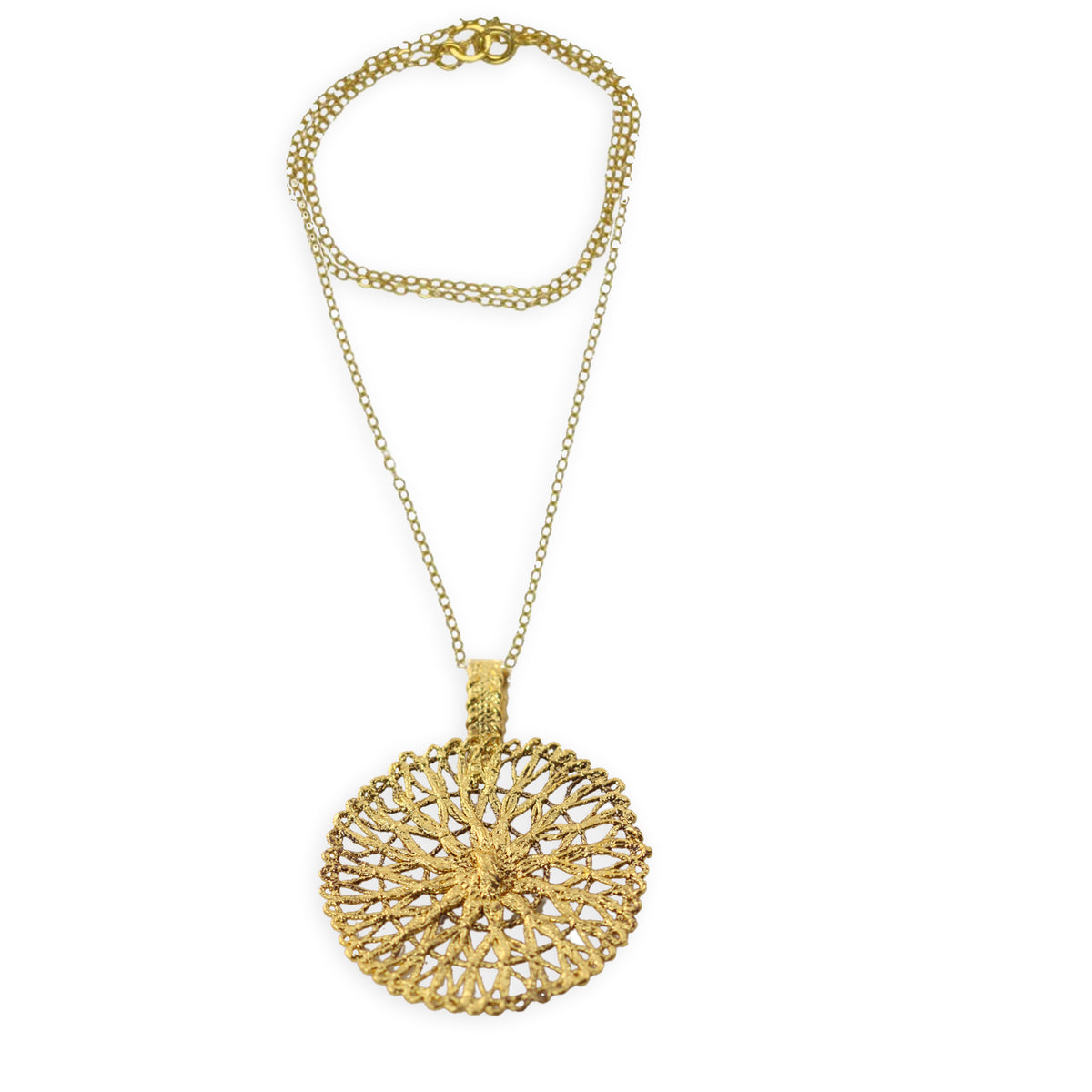 Rare round lace pendant necklace dipped in 24k gold.