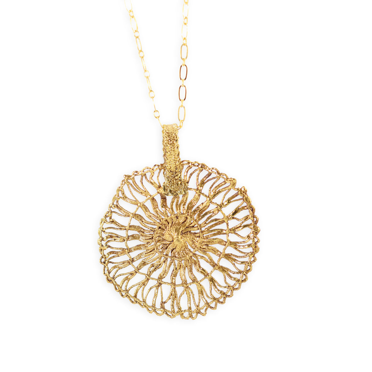 Rare round lace pendant necklace dipped in 24k gold.