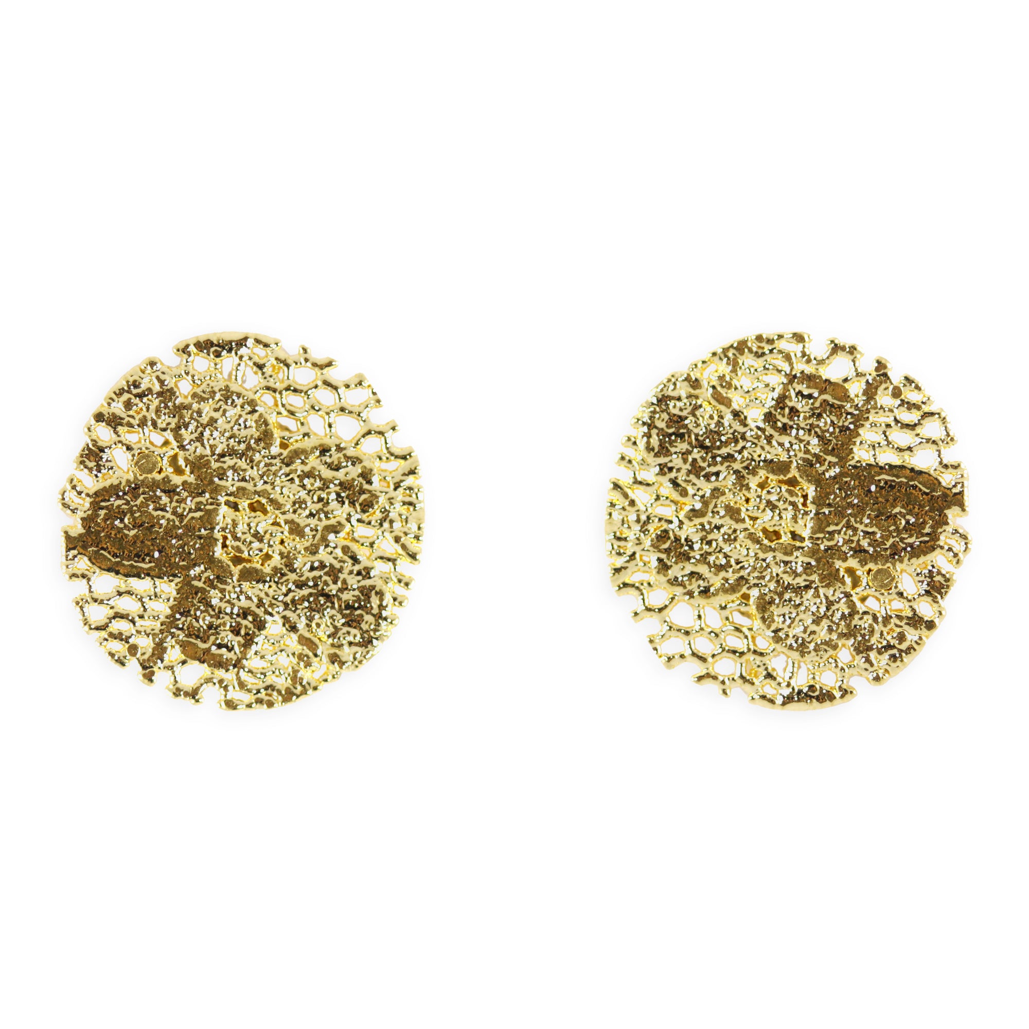 Intricate round stud earrings featuring a lace flower dipped in rose gold.