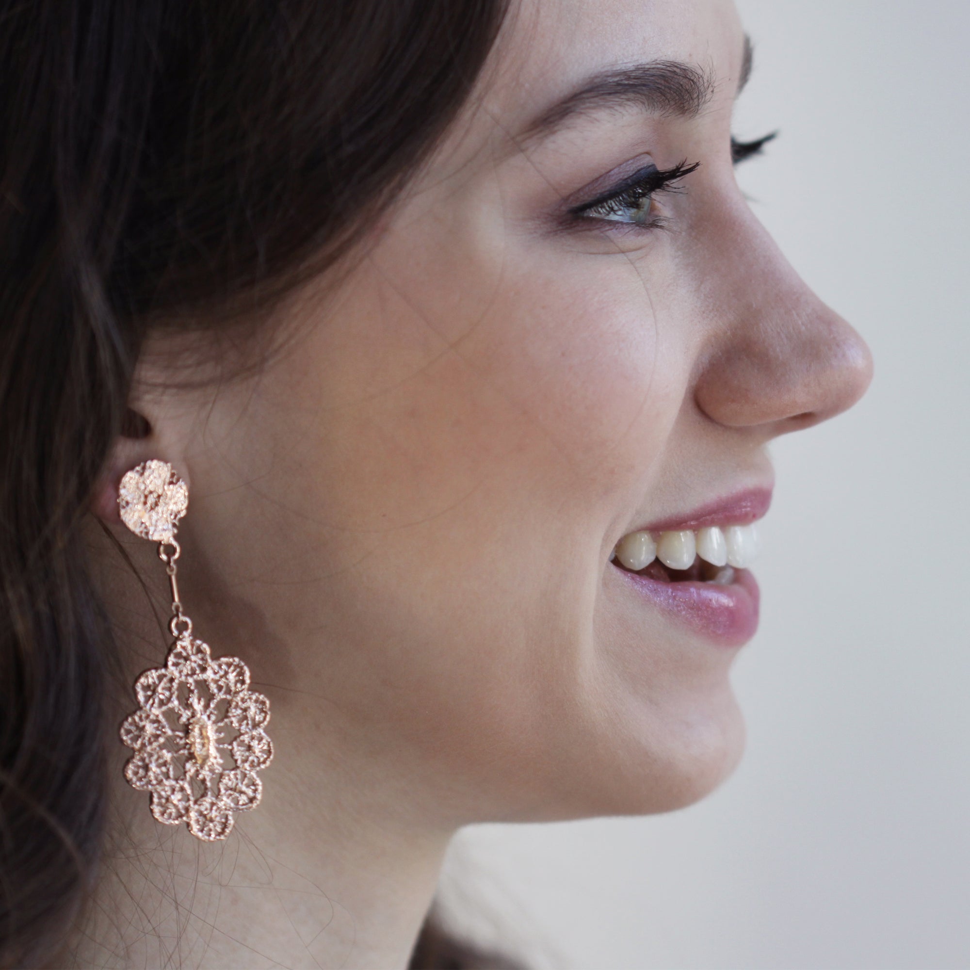 Unique lace drop earrings in rose gold. Perfect for weddings.