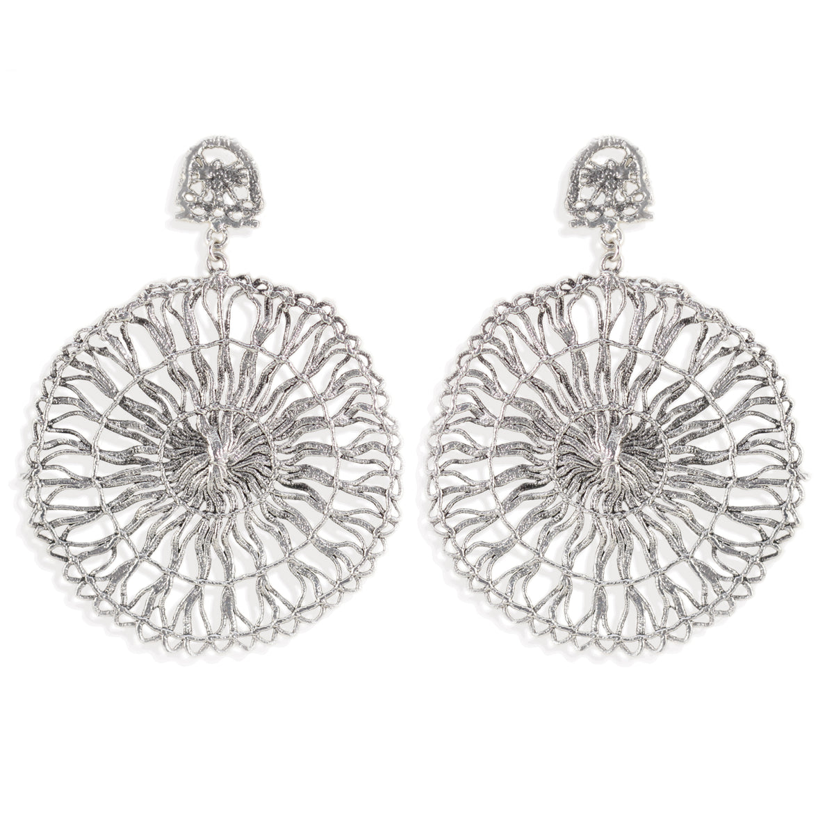  Circular lace pendant earrings made from Tenerife lace. Solidified in sterling silver.