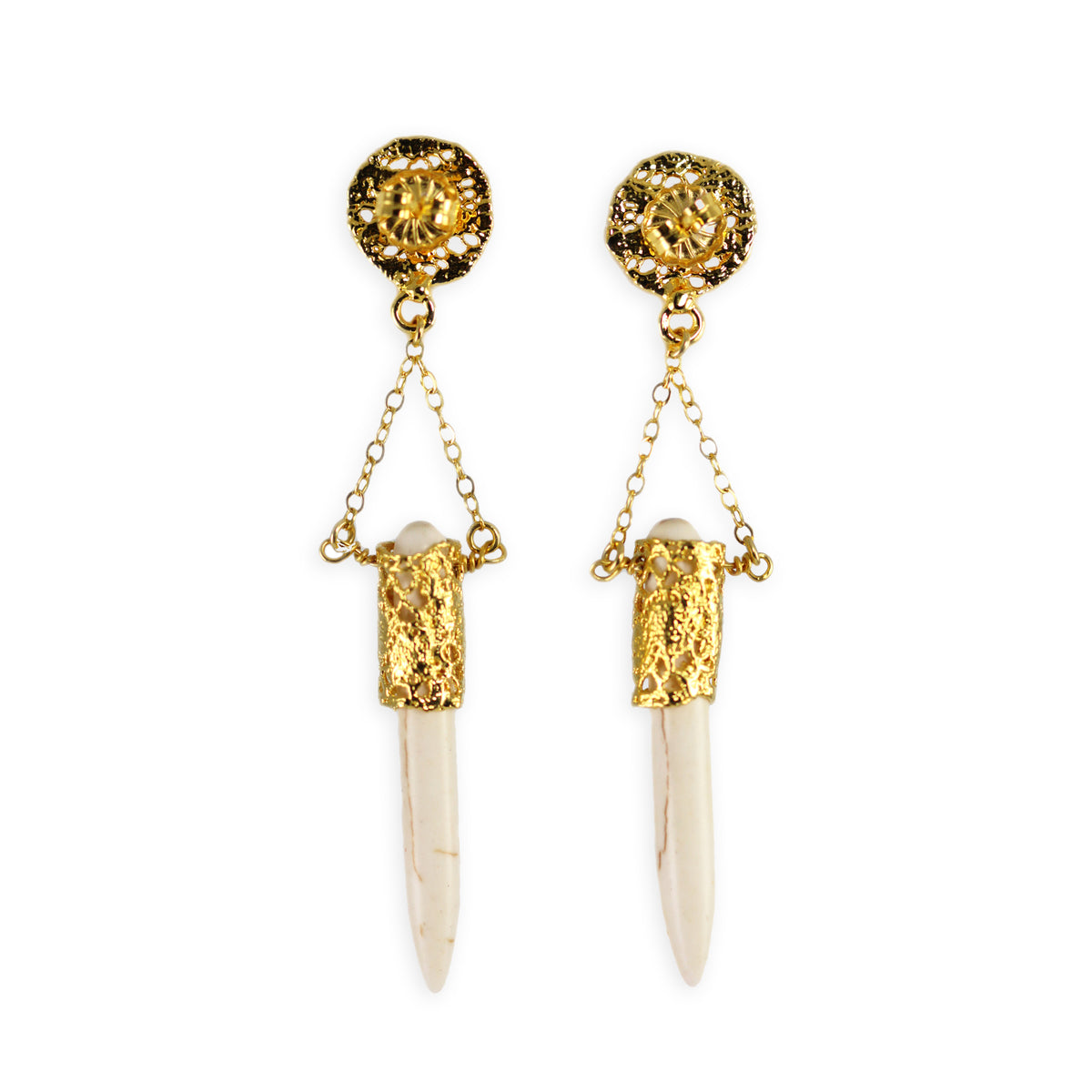Back of chandelier lace earrings in 24k gold with white turquoise wands.