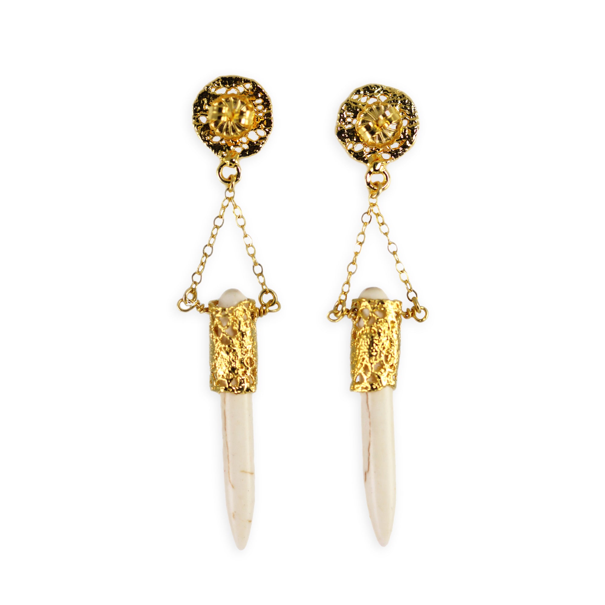 Chandelier lace earrings in 24k gold with white turquoise wands.
