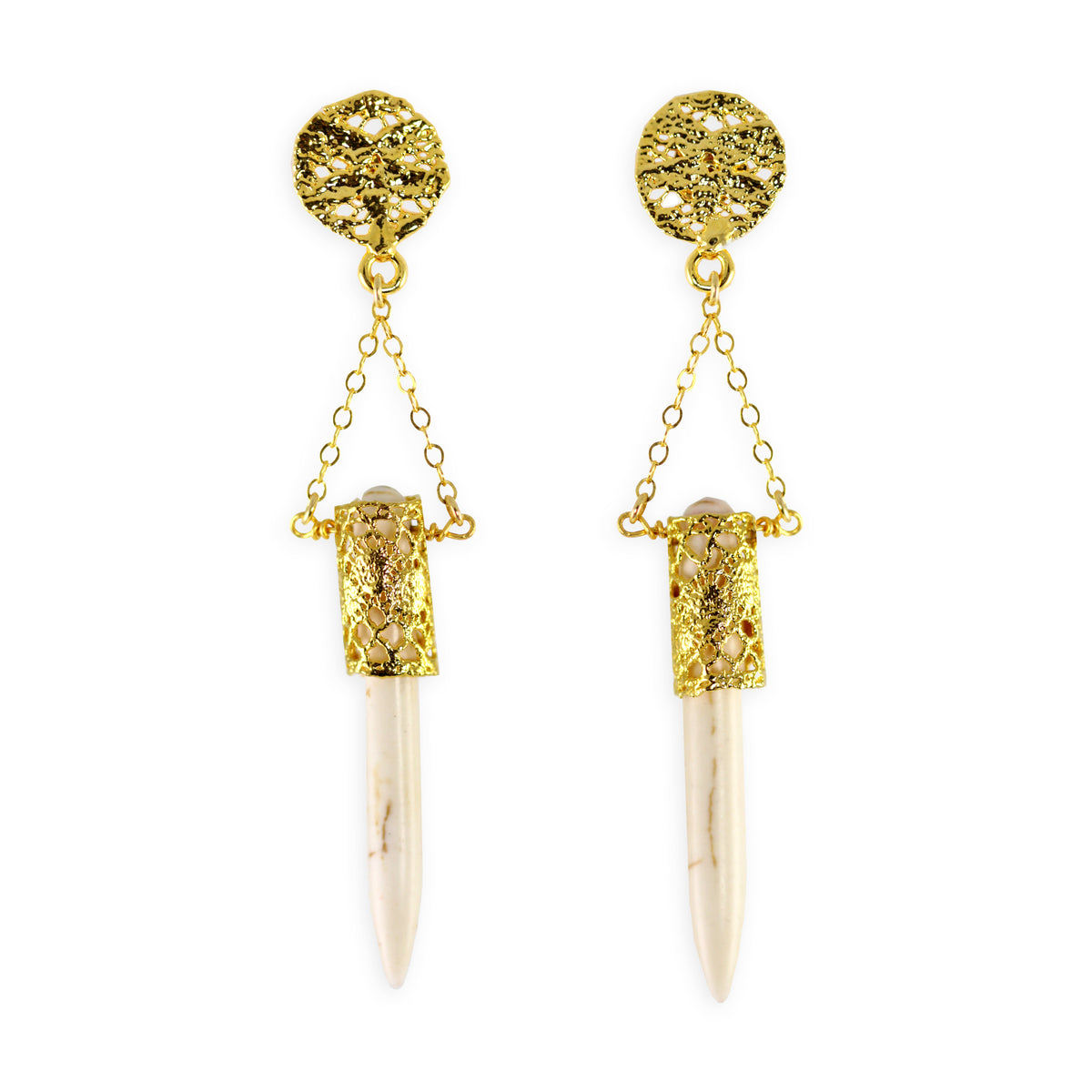 Chandelier lace earrings in 24k gold with white turquoise wands.